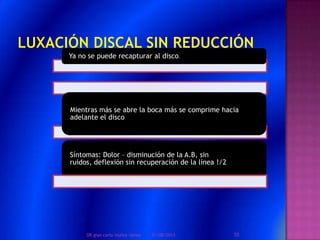 Posición definitiva del disco hacia el espacio anteriorYa no se puede recapturar al disco.
Síntomas: Dolor – disminución de la A.B, sin
ruidos, deflexión sin recuperación de la línea !/2
Mientras más se abre la boca más se comprime hacia
adelante el disco
01/08/2013 55DR.gian carlo muñoz ramos
 