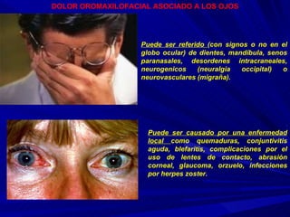 DOLOR OROMAXILOFACIAL ASOCIADO A LOS OJOS Puede ser referido  (con signos o no en el globo ocular) de dientes, mandíbula, senos paranasales, desordenes intracraneales, neurogenicos (neuralgia occipital) o neurovasculares (migraña). Puede ser causado por una enfermedad local  como quemaduras, conjuntivitis aguda, blefaritis, complicaciones por el uso de lentes de contacto, abrasión corneal, glaucoma, orzuelo, infecciones por herpes zoster. 