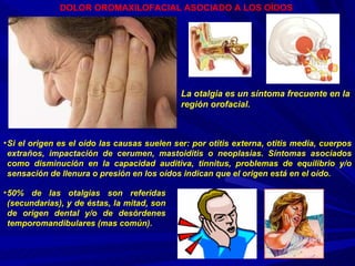 DOLOR OROMAXILOFACIAL ASOCIADO A LOS OÍDOS  Si el origen es el oído las causas suelen ser: por otitis externa, otitis media, cuerpos extraños, impactación de cerumen, mastoiditis o neoplasias. Síntomas asociados como disminución en la capacidad auditiva, tinnitus, problemas de equilibrio y/o sensación de llenura o presión en los oídos indican que el origen está en el oído. La otalgia es un síntoma frecuente en la región orofacial. 50% de las otalgias son referidas (secundarias), y de éstas, la mitad, son de origen dental y/o de desórdenes temporomandibulares (mas común). 