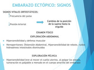 EMBARAZO ECTÓPICO: SIGNOS
SIGNOS VITALES ORTOSTÁTICOS:
Frecuencia del pulso
Presión Arterial
EXAMEN FÍSICO
EXPLORACIÓN ABDOMINAL
 Hipersensibilidad y defensa muscular
 Hemoperitoneo: Distensión Abdominal, Hipersensibilidad de rebote, ruidos
hidroaéreos intestinales disminuidos
EXPLORACIÓN PÉLVICA
 Hipersensibilidad leve al mover el cuello uterino, al palpar los anexos,
tumoración es palpable a menudo en el cuerpo amarillo del embarazo
Cambios de la posición
de la supina hasta la
erguida
 
