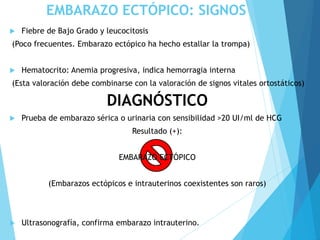 EMBARAZO ECTÓPICO: SIGNOS
 Fiebre de Bajo Grado y leucocitosis
(Poco frecuentes. Embarazo ectópico ha hecho estallar la trompa)
 Hematocrito: Anemia progresiva, indica hemorragia interna
(Esta valoración debe combinarse con la valoración de signos vitales ortostáticos)
DIAGNÓSTICO
 Prueba de embarazo sérica o urinaria con sensibilidad >20 UI/ml de HCG
Resultado (+):
EMBARAZO ECTÓPICO
(Embarazos ectópicos e intrauterinos coexistentes son raros)
 Ultrasonografía, confirma embarazo intrauterino.
 