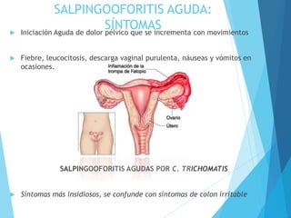 SALPINGOOFORITIS AGUDA:
SÍNTOMAS Iniciación Aguda de dolor pélvico que se incrementa con movimientos
 Fiebre, leucocitosis, descarga vaginal purulenta, náuseas y vómitos en
ocasiones.
SALPINGOOFORITIS AGUDAS POR C. TRICHOMATIS
 Síntomas más insidiosos, se confunde con síntomas de colon irritable
 