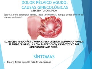 DOLOR PÉLVICO AGUDO:
CAUSAS GINECOLÓGICAS
ABSCESO TUBOOVÁRICO
Secuelas de la salpingitis aguda, suele ser bilateral, aunque puede ocurrir de
manera unilateral
EL ABSCESO TUBOOVÁRICO ROTO, ES UNA URGENCIA QUIRÚRGICA PORQUE
SE PUEDE DESARROLLAR CON RAPIDEZ CHOQUE ENDOTÓXICO POR
MICROORGANISMOS GRAM-.
SÍNTOMAS
 Dolor y fiebre durante más de una semana
 