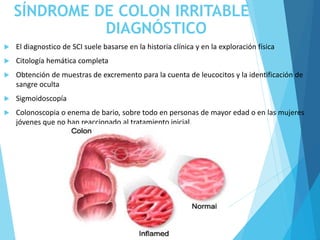 SÍNDROME DE COLON IRRITABLE
DIAGNÓSTICO
 El diagnostico de SCI suele basarse en la historia clínica y en la exploración física
 Citología hemática completa
 Obtención de muestras de excremento para la cuenta de leucocitos y la identificación de
sangre oculta
 Sigmoidoscopía
 Colonoscopia o enema de bario, sobre todo en personas de mayor edad o en las mujeres
jóvenes que no han reaccionado al tratamiento inicial.
 