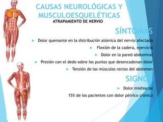 CAUSAS NEUROLÓGICAS Y
MUSCULOESQUELÉTICAS
ATRAPAMIENTO DE NERVIO
SÍNTOMAS
 Dolor quemante en la distribución atómica del nervio afectado
 Flexión de la cadera, ejercicio
 Dolor en la pared abdominal
 Presión con el dedo sobre los puntos que desencadenan dolor
 Tensión de los músculos rectos del abdomen
SIGNOS
 Dolor miofascial
15% de los pacientes con dolor pélvico crónico
 