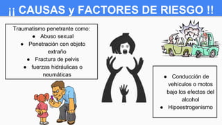 ¡¡ CAUSAS y FACTORES DE RIESGO !!
Traumatismo penetrante como:
● Abuso sexual
● Penetración con objeto
extraño
● Fractura de pelvis
● fuerzas hidráulicas o
neumáticas ● Conducción de
vehículos o motos
bajo los efectos del
alcohol
● Hipoestrogenismo
 
