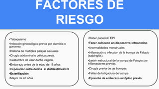 FACTORES DE
RIESGO
•Tabaquismo
•Infección ginecológica previa por clamidia o
gonorrea
•Historia de múltiples parejas sexuales
•Cirugía abdominal o pélvica previa.
•Costumbre de usar ducha vaginal.
•Embarazo antes de la edad de 18 años
•Exposición intrauterina al dietilestilbestrol
•Esterilización
•Mayor de 40 años
•Haber padecido EPI
•Tener colocado un dispositivo intrauterino
•Anormalidades menstruales
•Inflamación o infección de la trompa de Falopio
(salpingitis).
•Lesión estructural de la trompa de Falopio por
inflamaciones previas.
•Cirugía previa de las trompas.
•Fallas de la ligadura de trompa
•Episodio de embarazo ectópico previo.
 