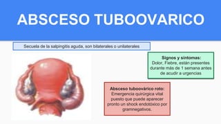 ABSCESO TUBOOVARICO
Secuela de la salpingitis aguda, son bilaterales o unilaterales
Signos y síntomas:
Dolor, Fiebre, están presentes
durante más de 1 semana antes
de acudir a urgencias
Absceso tuboovárico roto:
Emergencia quirúrgica vital
puesto que puede aparecer
pronto un shock endotóxico por
gramnegativos.
 