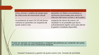 orina, cervical, o análisis de sangre para
las infecciones de transmisión sexual
pacientes con fiebre concomitante y /
osíntomas peritoneales para excluir la
infección del tracto urinario o de la pelvis.
no probamos el suero CA 125 de forma
rutinaria en pacientes con sospecha de
quiste ovárico roto
sospecha de cáncer de ovario y el
resultado no es probable que sea lo
suficientemente rápido como para afectar
la gestión inmediata disponible.
Puede ser elevado con hemoperitoneo o irritación del peritoneo por contenido del quiste,
así como una serie de otras condiciones benignas
Howard,T.Evaluacion y gestión de quiste ovárico roto. Tomado de UpToDate
 