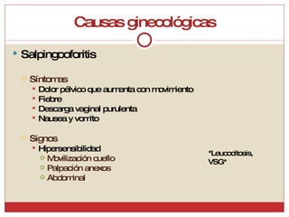 Causas ginecológicas Salpingooforitis Síntomas Dolor pélvico que aumenta con movimiento Fiebre Descarga vaginal purulenta Nausea y vomito Signos Hipersensibilidad Movilización cuello Palpación anexos Abdominal *Leucocitosis, VSG* 