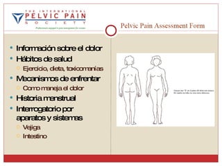 Información sobre el dolor  Hábitos de salud Ejercicio, dieta, toxicomanías Mecanismos de enfrentar Como maneja el dolor Historia menstrual Interrogatorio por aparatos y sistemas Vejiga Intestino  