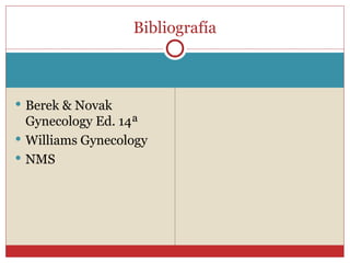 Berek & Novak Gynecology Ed. 14ª  Williams Gynecology NMS  Bibliografía 