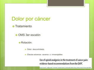 Dolor por cáncer
 Tratamiento
 OMS 3er escalón
 Rotación:
 Dolor descontrolado
 Efectos adversos severos o inmanejables
 
