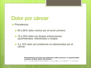 Dolor por cáncer
 Prevalencia:
 65 a 85% dolor crónico por el tumor primario.
 15 a 25% dolor por terapia anticancerosa
(quimioterapia, radioterapia y cirugía).
 3 a 10% dolor por problemas no relacionados por el
cáncer.
 