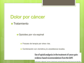 Dolor por cáncer
 Tratamiento
 Opioides por vía espinal
 Fracaso de terapia por otras vías.
 Combinación con clonidina y/o anestésicos locales.
 