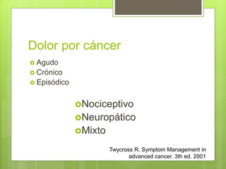 Dolor por cáncer
 Agudo
 Crónico
 Episódico
Nociceptivo
Neuropático
Mixto
Twycross R. Symptom Management in
advanced cancer. 3th ed. 2001
 