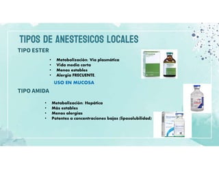 TIPOS DE ANESTESICOS LOCALES
TIPO ESTER
TIPO AMIDA
• Metabolización: Vía plasmática
• Vida media corta
• Menos estables
• Alergia FRECUENTE.
USO EN MUCOSA
• Metabolización: Hepática
• Más estables
• Menos alergias
• Potentes a concentraciones bajas (liposolubilidad)
 