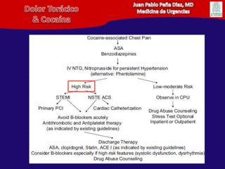 5,6% enfermedad de 3 vasosJuan Pablo Peña Diaz, MDMedicina de UrgenciasDolor Torácico& CocaínaTratamientoASA: 300 mg DI, 100 mg diaBenzodiazepinas: vida media corta, titulables Midazolam