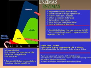  Alta sensibilidad
 Útil en detección temprana de IMA
 Detección de reperfusion
 Útil en d/c ima
 Baja sensibilidad en enfermedades o
injuria de músculo esquelético
 Rápida,costo , eficiente
 Capacidad de detectar tempranamente IMA y reinfarto
 Mejora la sensilidad Dx IMA dentro de las primeras 6 Hras
 Puede elevarse en daño muscular (IM) ,incluida cirugia
 La isoforma mb2 solo existe en el corazon pero existen otras (CK-mb1
 No detecta daño miocárdico menor
 Presente en personas saludables en pequeñas cantidades.
 Mayor sensibilidad y especificidad
 Estratificación de riesgo y pronostico
 Persiste hasta por 2 semanas
 Util en la selección de terapias
 Detección de reperfusion
 No se detectan en personas sanas
 Detecta daño miocardico menor
 Sensibilidad baja en fase muy temprana de IMA
( < 6 h iniciado los síntomas) y requiere medición
repetidas c/8 a 12 h
 