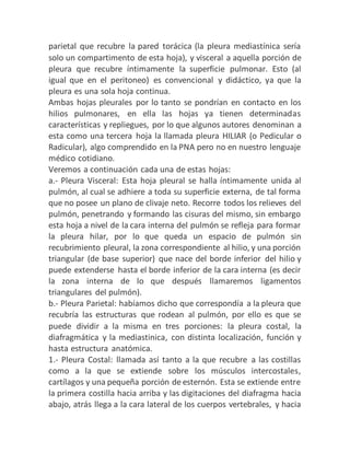 parietal que recubre la pared torácica (la pleura mediastínica sería
solo un compartimento de esta hoja), y visceral a aquella porción de
pleura que recubre íntimamente la superficie pulmonar. Esto (al
igual que en el peritoneo) es convencional y didáctico, ya que la
pleura es una sola hoja continua.
Ambas hojas pleurales por lo tanto se pondrían en contacto en los
hilios pulmonares, en ella las hojas ya tienen determinadas
características y repliegues, por lo que algunos autores denominan a
esta como una tercera hoja la llamada pleura HILIAR (o Pedicular o
Radicular), algo comprendido en la PNA pero no en nuestro lenguaje
médico cotidiano.
Veremos a continuación cada una de estas hojas:
a.- Pleura Visceral: Esta hoja pleural se halla íntimamente unida al
pulmón, al cual se adhiere a toda su superficie externa, de tal forma
que no posee un plano de clivaje neto. Recorre todos los relieves del
pulmón, penetrando y formando las cisuras del mismo, sin embargo
esta hoja a nivel de la cara interna del pulmón se refleja para formar
la pleura hilar, por lo que queda un espacio de pulmón sin
recubrimiento pleural, la zona correspondiente al hilio, y una porción
triangular (de base superior) que nace del borde inferior del hilio y
puede extenderse hasta el borde inferior de la cara interna (es decir
la zona interna de lo que después llamaremos ligamentos
triangulares del pulmón).
b.- Pleura Parietal: habíamos dicho que correspondía a la pleura que
recubría las estructuras que rodean al pulmón, por ello es que se
puede dividir a la misma en tres porciones: la pleura costal, la
diafragmática y la mediastinica, con distinta localización, función y
hasta estructura anatómica.
1.- Pleura Costal: llamada así tanto a la que recubre a las costillas
como a la que se extiende sobre los músculos intercostales,
cartílagos y una pequeña porción de esternón. Esta se extiende entre
la primera costilla hacia arriba y las digitaciones del diafragma hacia
abajo, atrás llega a la cara lateral de los cuerpos vertebrales, y hacia
 