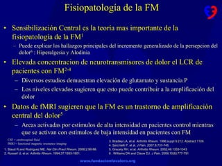 www.fundacionfavaloro.org
Fisiopatología de la FM
• Sensibilización Central es la teoría mas importante de la
fisiopatología de la FM1
– Puede explicar los hallazgos principales del incremento generalizado de la persepcion del
dolor6 : Hiperalgesia y Alodinia
• Elevada concentracion de neurotransmisores de dolor el LCR de
pacientes con FM2-4
– Diversos estudios demuestran elevación de glutamato y sustancia P
– Los niveles elevados sugieren que esto puede contribuir a la amplificación del
dolor
• Datos de fMRI sugieren que la FM es un trastorno de amplificación
central del dolor5
– Areas activadas por estímulos de alta intensidad en pacientes control mientras
que se activan con estímulos de baja intensidad en pacientes con FM
1. Staud R and Rodriguez ME. Nat Clin Pract Rheum. 2006;2:90-98.
2. Russell IJ, et al. Arthritis Rheum. 1994;37:1593-1601.
CSF = cerebrospinal fluid
fMRI = functional magnetic resonance imaging
3. Bradley LA, et al. Arthritis Rheum. 1996;suppl 9:212. Abstract 1109.
4. Sarchielli P, et al. J Pain. 2007;8:737-745.
5. Gracely RH, et al. Arthritis Rheum. 2002;46:1333-1343
6 . Williams DA and Clauw DJ. J Pain. 2009;10(8):777-791
 