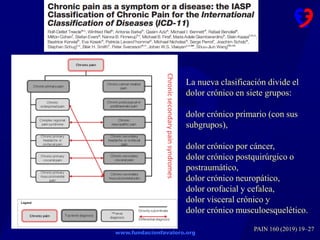 www.fundacionfavaloro.org
PAIN 160 (2019) 19–27
La nueva clasificación divide el
dolor crónico en siete grupos:
dolor crónico primario (con sus
subgrupos),
dolor crónico por cáncer,
dolor crónico postquirúrgico o
postraumático,
dolor crónico neuropático,
dolor orofacial y cefalea,
dolor visceral crónico y
dolor crónico musculoesquelético.
 