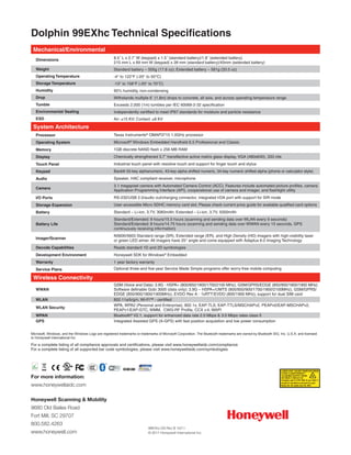 99EXhc-DS Rev B 10/11
© 2011 Honeywell International Inc.
Honeywell Scanning & Mobility
9680 Old Bailes Road
Fort Mill, SC 29707
800.582.4263
www.honeywell.com
For more information:
www.honeywellaidc.com
Dolphin 99EXhc Technical Specifications
RoHS2002/95/EC
Mechanical/Environmental
Dimensions 8.5˝ L x 2.7˝ W (keypad) x 1.5˝ (standard battery)/1.8˝ (extended battery)
215 mm L x 69 mm W (keypad) x 39 mm (standard battery)/45mm (extended battery)
Weight Standard battery – 505g (17.8 oz); Extended battery – 581g (20.5 oz)
Operating Temperature -4° to 122°F (-20° to 50°C)
Storage Temperature -13° to 158°F (-25° to 70°C)
Humidity 95% humidity, non-condensing
Drop Withstands multiple 6´ (1.8m) drops to concrete, all axis, and across operating temperature range
Tumble Exceeds 2,000 (1m) tumbles per IEC 60068-2-32 specification
Environmental Sealing Independently certified to meet IP67 standards for moisture and particle resistance
ESD Air: ±15 KV; Contact: ±8 KV
System Architecture
Processor Texas Instruments®
OMAP3715 1.0GHz processor
Operating System Microsoft®
Windows Embedded Handheld 6.5 Professional and Classic
Memory 1GB discrete NAND flash x 256 MB RAM
Display Chemically strengthened 3.7˝ transflective active matrix glass display, VGA (480x640), 333 nits
Touch Panel Industrial touch panel with resistive touch and support for finger touch and stylus
Keypad Backlit 55-key alphanumeric, 43-key alpha shifted numeric, 34-key numeric shifted alpha (phone or calculator style)
Audio Speaker, HAC compliant receiver, microphone
Camera
3.1 megapixel camera with Automated Camera Control (ACC). Features include automated picture profiles, camera
Application Programming Interface (API), cooperational use of camera and imager, and flashlight utility
I/O Ports RS-232/USB 2.0/audio out/charging connector, integrated IrDA port with support for SIR mode
Storage Expansion User accessible Micro SDHC memory card slot. Please check current price guide for available qualified card options
Battery Standard – Li-ion, 3.7V, 3060mAh; Extended – Li-ion, 3.7V, 5000mAh
Battery Life
Standard/Extended: 9 hours/15.5 hours (scanning and sending data over WLAN every 9 seconds)
Standard/Extended: 8 hours/14.75 hours (scanning and sending data over WWAN every 15 seconds, GPS
continuously receiving information)
Imager/Scanner
N5600/5603 Standard range (SR), Extended range (ER), and High Density (HD) imagers with high-visibility laser
or green LED aimer. All imagers have 25° angle and come equipped with Adaptus 6.0 Imaging Technology
Decode Capabilities Reads standard 1D and 2D symbologies
Development Environment Honeywell SDK for Windows®
Embedded
Warranty 1 year factory warranty
Service Plans Optional three-and five-year Service Made Simple programs offer worry-free mobile computing
Wireless Connectivity
WWAN
GSM (Voice and Data): 3.9G - HSPA+ (800/850/1900/1700/2100 MHz), GSM/GPRS/EDGE (850/900/1800/1900 MHz)
Software definable Gobi 3000 (data only): 3.9G – HSPA+/UMTS (800/850/900/1700/1900/2100MHz), GSM/GPRS/
EDGE (850/900/1800/1900MHz), EVDO Rev A - 1xRTT/EVDO (800/1900 MHz); support for dual SIM card
WLAN 802.11a/b/g/n, Wi-Fi™ - certified
WLAN Security
WPA, WPA2 (Personal and Enterprise), 802.1x, EAP-TLS, EAP-TTLS/MSCHAPv2, PEAPv0/EAP-MSCHAPv2,
PEAPv1/EAP-GTC, WMM, CWG-RF Profile, CCX v.4, WAPI
WPAN Bluetooth®
V2.1, support for enhanced data rate 2.0 Mbps & 3.0 Mbps rates class II
GPS Integrated Assisted GPS (A-GPS) with fast position acquisition and low power consumption
Microsoft, Windows, and the Windows Logo are registered trademarks or trademarks of Microsoft Corporation. The Bluetooth trademarks are owned by Bluetooth SIG, Inc. U.S.A. and licensed
to Honeywell International Inc.
For a complete listing of all compliance approvals and certifications, please visit www.honeywellaidc.com/compliance
For a complete listing of all supported bar code symbologies, please visit www.honeywellaidc.com/symbologies
LASER LIGHT. DO NOT STARE INTO BEAM
1.0 mW MAX OUTPUT: 650nM
IEC 60825-1:1993+A1+A2
CLASS 2 LASER PRODUCT
Complies with 21 CFR 1040.10 and 1040.11
except for deviations pursuant to Laser
Notice No. 50, dated June 24, 2007.
 