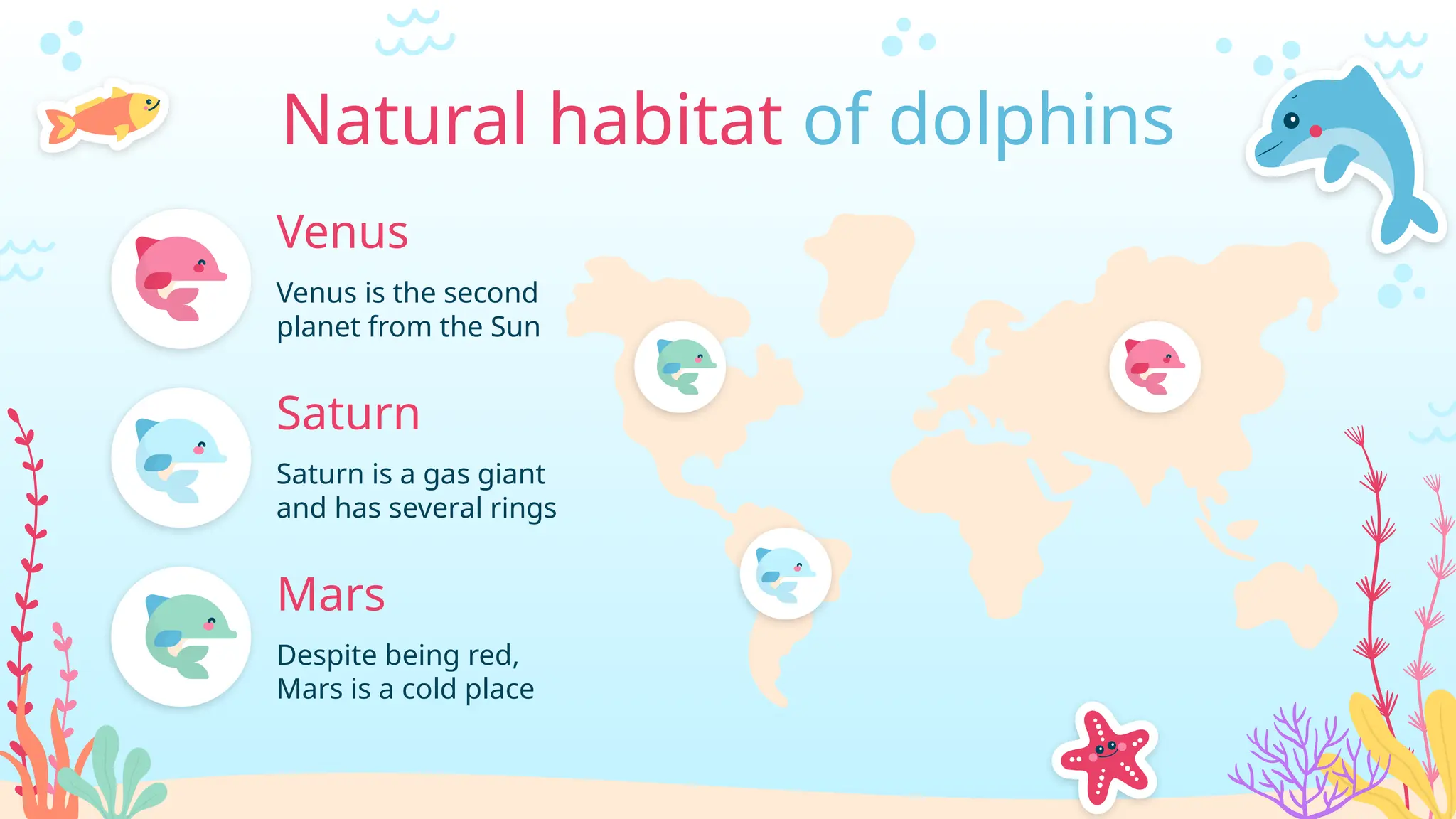 Natural habitat of dolphins
Despite being red,
Mars is a cold place
Venus is the second
planet from the Sun
Venus
Saturn is a gas giant
and has several rings
Saturn
Mars
 