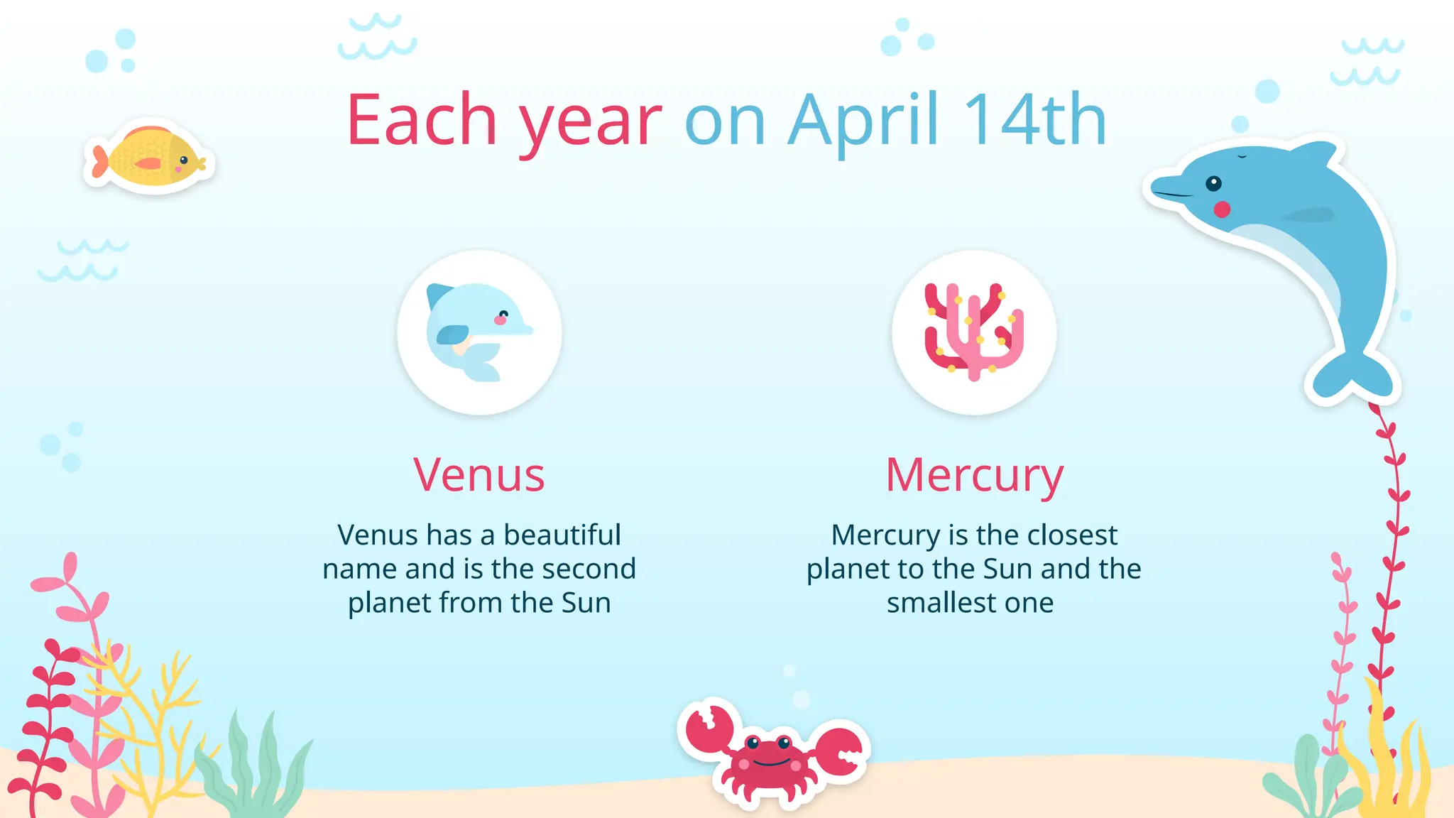 Each year on April 14th
Mercury is the closest
planet to the Sun and the
smallest one
Mercury
Venus has a beautiful
name and is the second
planet from the Sun
Venus
 