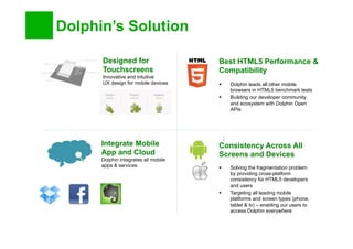 Dolphin’s Solution
Designed for
Touchscreens
Innovative and intuitive
UX design for mobile devices
Integrate Mobile
App and Cloud
Dolphin integrates all mobile
apps & services
Best HTML5 Performance &
Compatibility
§  Dolphin leads all other mobile
browsers in HTML5 benchmark tests
§  Building our developer community
and ecosystem with Dolphin Open
APIs
Consistency Across All
Screens and Devices
§  Solving the fragmentation problem
by providing cross-platform
consistency for HTML5 developers
and users
§  Targeting all leading mobile
platforms and screen types (phone,
tablet & tv) – enabling our users to
access Dolphin everywhere
 