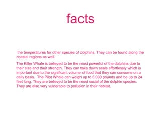 facts
the temperatures for other species of dolphins. They can be found along the
coastal regions as well.
The Killer Whale is believed to be the most powerful of the dolphins due to
their size and their strength. They can take down seals effortlessly which is
important due to the significant volume of food that they can consume on a
daily basis.  The Pilot Whale can weigh up to 5,000 pounds and be up to 24
feet long. They are believed to be the most social of the dolphin species.
They are also very vulnerable to pollution in their habitat.
 