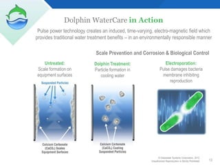 Dolphin WaterCare in Action
 Pulse power technology creates an induced, time-varying, electro-magnetic field which
provides traditional water treatment benefits – in an environmentally responsible manner

                              Scale Prevention and Corrosion & Biological Control
    Untreated:               Dolphin Treatment:                     Electroporation:
Scale formation on           Particle formation in               Pulse damages bacteria
equipment surfaces              cooling water                     membrane inhibiting
                                                                      reproduction




                                                               © Clearwater Systems Corporation, 2012
                                                         Unauthorized Reproduction Is Strictly Prohibited   13
 