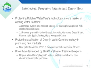 Intellectual Property: Patents and Know How


• Protecting Dolphin WaterCare’s technology in core market of
  cooling water treatment
   – Apparatus, system and method patents for treating flowing liquid with
     electromagnetic pulse
   – 22 Patents granted in United States, Australia, Germany, Great Britain,
     France, Italy, Spain, Turkey, Hong Kong and China
• Protecting application of Dolphin WaterCare technology in
  promising new markets
   – New patent awarded 9/25/12: Pre-treatment of membrane filtration
• Know how developed by HVAC and water treatment experts
   – Dolphin WaterCare “playbook” reflects extensive real-world non-
     chemical treatment experience

                                                          © Clearwater Systems Corporation, 2012
                                                    Unauthorized Reproduction Is Strictly Prohibited   14
 