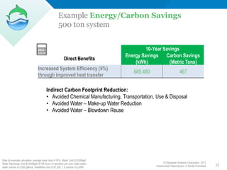 Example Energy/Carbon Savings
                                                     500 ton system


                                                                                            10-Year Savings
                                                                                   Energy Savings    Carbon Savings
                                                          Direct Benefits
                                                                                       (kWh)           (Metric Tons)
                                 Increased System Efficiency (5%)
                                                                                      685,480                         467
                                 through improved heat transfer

                                         Indirect Carbon Footprint Reduction:
                                         • Avoided Chemical Manufacturing, Transportation, Use & Disposal
                                         • Avoided Water – Make-up Water Reduction
                                         • Avoided Water – Blowdown Reuse




Data for example calculation: average tower load of 50%, Water Cost $2.00/Mgal;
Water Discharge Cost $2.50/Mgal; 8,736 hours of operation per year; total system                      © Clearwater Systems Corporation, 2012
                                                                                                Unauthorized Reproduction Is Strictly Prohibited   23
water volume of 2,500 gallons, installation cost of $1,200, 1.5 pounds CO2/kWh
 