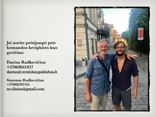 Jei norite prisijungti prie
komandos kreipkitės kuo
greičiau:
Darius Radkevičius
+37069841027
darius@versloknyguklubas.lt
Simonas Radkevičius
+37060292541
sr.vilnius@gmail.com
 