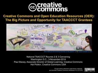 Creative Commons and Open Education Resources (OER):
The Big Picture and Opportunity for TAACCCT Grantees
National TAACCCT Rounds 2 & 3 Convening
Washington D.C., 3-November-2014
Paul Stacey, Associate Director of Global Learning, Creative Commons
Hal Plotkin, Creative Commons USA
Except where otherwise noted these materials
are licensed Creative Commons Attribution 4.0 (CC BY)
Jane helps put the finishing touches on the graphic viz by Giulia Forsythe CC BY
 