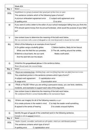 Week #24
Day 1   Score:________________
        Amphibians is a group of animals that spend part of their lives in water.
DOL
        This sentence contains which of the following types of errors?
        A pronoun antecedent agreement error              C subject-verb agreement error
        B spelling error                                       D no error
 W      If you were to write a letter to the editor of your school newspaper telling how you think the
        PTA should spend money from its annual fundraiser, what would the purpose of your letter
        be?


 V      Use context clues to determine the meaning of the bold word below.
        She was overcome with a sense of despair as she tried desperately to locate her lost child.

R/L     Which of the following is an example of end rhyme?
        A On golden wings a butterfly glides                C Before bedtime, Betty bit her biscuit.
          While over the field the sun presides.            D The silk, swirling around her ankles,
        B Behind a cloud bank, the sun sank                     Made a soft swish.
          And the dark fell over the desert.


 G      Underline the prepositional phrase in the sentence below.
        Water flowed under the covered bridge.
Day 2   Score:________________
        Theyre are swimming frogs, climbing frogs, and even flying frogs that can glide from tree to tree.
DOL
        The underlined portion in the sentence contains which type of error?
        A subject-verb agreement          C capitalization error
        B usage error                          D punctuation error
 W      TRUE or FALSE? When you are writing a persuasive essay, you use facts, statistics,
        incidents, and examples to support each side of the argument.

 V      Use context clues to determine the meaning of the bold word below.
        The undefeated Packers seemed invincible as the tournament began.


R/L     Writers use imagery for all of the following reasons except-
        A to create pictures in the reader’s mind        C to help the reader smell something
        B appeal to the sense of hearing                    D to create unusual rhythms


 G      Identify the part of speech of the underlined word in the following sentence.
        Canada is rich in natural resources.
Day 3   Score:________________
        Snakes, lizards, crocodiles, and turtle are all reptiles, which are cold-blooded animals.
DOL
        This sentence contains which type of error?
        A spelling error         C capitalization error
 