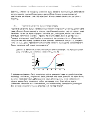 Безпека дорожнього руху у місті Долині: аналітичний звіт та рекомендації Жовтень 2016 р.
ГО "Vision Zero" та Urban Consulting Group 8
розмітки, а також на поведінку учасників руху, зокрема рух пішоходів, автомобілів і
велосипедистів та спосіб паркування автомобілів. Нижче наведено короткі
узагальнені висновки з цих спостережень, а більш деталізовані дані доступні у
Додатку.
2.1. Надмірна швидкість руху автотранспорту
Надмірна швидкість руху є найважливішим фактором ризику у безпеці дорожнього
руху в Долині. Якщо швидкість руху на певній вулиці висока, тоді, по-перше, дуже
ймовірно, що на цій вулиці будуть ставатися ДТП, і по-друге, велика частка цих
ДТП буде мати тяжкі наслідки – травми та смерті людей. Саме з цієї причини
Правила дорожнього руху України встановили у населених пунктах обмеження
швидкості 60 км/годину, що вважається відносно безпечною швидкістю для умов
міста чи села, де на проїжджій частині часто присутні пішоходи та велосипедисти.
Однак наскільки цей режим дотримується?
Діаграма 2. Залежність фатальних наслідків для пішохода (%, вісь Y) від швидкості
руху автомобіля, за якої стався наїзд (км/год, вісь X)
В рамках дослідження було проведено заміри швидкості руху автомобілів вздовж
коридору траси Н-09, зокрема на двох ділянках на в'їздах до міста. На одній з них,
в районі перехрестя вул. Д.Галицького з вул.Шептицького, яке є небезпечним
місцем, заміри було проведено в обох напрямках руху. Всього було знято
показники швидкості з 477 автомобілів, що перебували у безперешкодному русі.
Для вимірів використовувався електронний прилад "Візир".
 