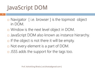 JavaScript DOM
5


       Navigator [ i.e. browser ] is the topmost object
        in DOM.
       Window is the next level object in DOM.
       JavaScript DOM also known as instance hierarchy.
       If the object is not there it will be empty.
       Not every element is a part of DOM.
       JSSS adds the support for the tags too.


              Prof. AshishSing Bhatia [ ast.bhatia@gmail.com ]
 