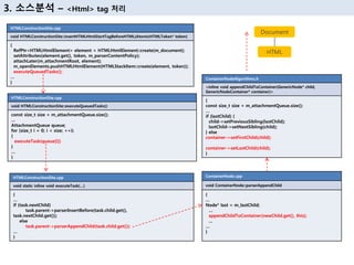 HTMLConstructionSite.cpp
void HTMLConstructionSite::insertHTMLHtmlStartTagBeforeHTML(AtomicHTMLToken* token)
{
RefPtr<HTMLHtmlElement> element = HTMLHtmlElement::create(m_document);
setAttributes(element.get(), token, m_parserContentPolicy);
attachLater(m_attachmentRoot, element);
m_openElements.pushHTMLHtmlElement(HTMLStackItem::create(element, token));
executeQueuedTasks();
…
}
3. 소스분석 – <Html> tag 처리
HTMLConstructionSite.cpp
void HTMLConstructionSite::executeQueuedTasks()
const size_t size = m_attachmentQueue.size();
…
AttachmentQueue queue;
for (size_t i = 0; i < size; ++i)
{
executeTask(queue[i])
}
…
}
HTMLConstructionSite.cpp
void static inline void executeTask(…)
{
…
if (task.nextChild)
task.parent->parserInsertBefore(task.child.get(),
task.nextChild.get());
else
task.parent->parserAppendChild(task.child.get());
…
}
ContainerNode.cpp
void ContainerNode::parserAppendChild
{
…
Node* last = m_lastChild;
…
appendChildToContainer(newChild.get(), this);
…
…
}
ContainerNodeAlgorithms.h
<inline void appendChildToContainer(GenericNode* child,
GenericNodeContainer* container)>
{
const size_t size = m_attachmentQueue.size();
…
if (lastChild) {
child->setPreviousSibling(lastChild);
lastChild->setNextSibling(child);
} else
container->setFirstChild(child);
container->setLastChild(child);
}
HTML
Document
 
