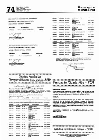 6
74
               SALVADOR-BAHIA
               TERÇA-FEIRA,                                                                                                                                       DIÁRIO OF!CIAL DO
               17 DB JANEIRO DE 2012
               ANO XXIV- NQ 5.534                                                                                                                          MUNICIPIO

                                                                                                 43922·2011     R001365918   ART. 218.11       CARlOS CESAR DA CRUZ             Carlos H. Melo
DESPACHOS FINAIS DO COORDENADOR ADMINISTRATIVO                                                                                                 SilVA
                                                                                                 44039·2011     F000747105   ART. 208          ROBSON COSTA                     Joana Campos
DELEGAÇÃO DE COMPE~NCIA- DECRETO 7.0-47184                                                                                                     MONTEIRO
                                                                                                 44052·2011     F000744264   ART. 208          JOSE ROBERTO DE                  Carlos H. Melo
LICENÇA PRêMIO OU ESPECIAL- DEFERIDO                                                                                                           ANDRADE
                                                                                                 44057·2011     R001353638   ART. 218,111      ANA lUCIA SAMPAIO DA ROCHA       Carlos H. Melo
                                                                                                                                               liRA
PROCESSO                   INTERESSADO                           QUINQJêNIO                     44133-2011     P001098810   ART.181, VIII     TATIANA AlVES                    Jollo Q. da Silva
                                                                                                                                               CARVAlHO
1175/2011         Maria José Pinto de Queirós Souza                  3°, 4°e s·                  44746·2011     F000700809   ART. 208          NEY ESPOSEl DE PAIVA             Joana Campos
                                                                                                                                               XAVIER
                                                                                                 44750-2011     l000051981   ART. 218, I       SERGIO RICARDO OliVEIRA DOS      Joio Q. da Silva
                                                                                                                                               SANTOS
                                                                                                 45682·2011     P001090295   ART. 181, XIX     ANTONIO JOSE DE JESUS DA         Joana Campos
                                                                                                                                               SilVA
                                                                                                 46073·2011     P001094631   ART.193           EDilBERTO PATRICIO DA            Joana Campos
                                                                                                                                               SilVA

                                                                                                 31-Niio Conhecer os Recursos a seguir discriminados, mantendo as penalidades:

                                                                                                 Processo        A.I.T       Infraçilo/C.T.B           Recorrente(•)            Relator

                                                                                                 45196·2010     P001034603   ART.181, VIII     TAINE DE SOUZA                   Joana Campos
                                                                                                                                               GOMES
DESPACHOS FINAIS DO COORDENADOR ADMINISTRATIVO                                                                                                 JOAO SANCHES                     João Q. da Silva
                                                                                                 25085-2011     F000827595   ART. 208
                                                                                                                                               ESQUIVE L
DELEGAÇÃO DE COMP~NCIA- DECRETO 7.0-47/84                                                        31254-2011     P001216005   ART. XVIII        THIAGO SAMPAIO                   Joana Campos
                                                                                                                                               DANTAS
LICENÇA PRêMIO OU ESPECIAL- DEFERIDO                                                             31948·2011     P000955437   ART. 252, VI      RODRIGO OTAVIO D                 Joana Campos
                                                                                                                                               CABRAl
                                                                                                 33824·2011     P001212391   ART. 181, XVIII   OliNDEA MASCARENHAS M           Joana Campos
 PROCESSO                  INTERESSADO                       QUINOUtNIO                                                                        SANTOS
                                                                                                 37050·2011     P000905824   ART.193           DIOGO CONCEICAO                  Joana Campos
 1038/2011             Nonna Calazans de Santana                     ••                                                                        RIBEIRO

                                                                                                        No prazo de Trinta (30) dias, a contar desta publicaçlio, poderá ser inlerposto
                                                                                                        recurso ao Conselho Estadual de Transito-CETRAN contra as Decisões desta
                                                                                                        JARI. Dá-se ciência nos tenmos do art.288 do CTB.


                                                                                                                         Salvador, 'nta-felra, 12 de janeiro de 2012

                                                                                                                                   .. {3().)». ~ .
                                                                                                                                    ,            ~na &ã"meiro Campos
                                                                                                                               (    i                Presidente s•.JARI

                                                                                                                               'J
 111111 I I!! I I 11111111 I 111111 I 11111111111 I 11111111111 I li I

           Secretaria Municipal dos
Transportes Urbanos eInfra-Estrutura - SETIN                                                     llllllllllllllllllllllllllllllllllllllllllllllllllllll
11111 ! lllllllllllllllllllllllllllllllllllllllllllllllll                                         Fundação Cidade-Mãe - FCM.
        Junta Administrativa de Recursos de Infrações ·JARI                                      llllllllllllllllllllllllllllllllllllllllllllllllllllll
                              5" JARI
 Recursos Julgados na Sessão Ordinária do Dia: 06/01/2012
A JARI. no Julgamento dos Recursos           interpostos    contra penalidades impostas          PORTARIA N" 00412012
pela Superintendência de Trânsito e Transporte do Salvador· TRANSALVADOR. por infrações          A PRESIDENTE DA FUNDAÇÃO CIDADE MÃE - FCII, no uso de suas
previstas no Código de Trânsito Brasileiro-CTB, por unanimidade, DECIDE:                         atribuiçOes, conferidas pelo art. 15, inciso I, alinea •g•, do Regimento desta
                                                                                                 Fundação, aprovado pelo Decreto n" 19.400 de 18 de março de 2009,
 29-Dar Provimento aos Recursos a seguir discriminados, decidindo pela
 improcedência da penalidade:
                                                                                                 RESOLVE:
 Processo      A.I.T       lnfraçào/C.T.B            Recorrente(s)                 Relator

 32168·2011   P001269071   ART.181, XIX     AlBERTO MORAES                        Joana Campos   Determinar a prorrogação de prazo, por 30 (trinta) dias, contados desde
                                            FilHO                                                07/0112012, para a conclusao dos trabalhos a cargos da Comissao
 30-Negar Provimento aos Recursos a seguir discriminados, mantendo as penalidades:               Permanente de Sindicância e Inquérito Administrativo - CPSIA, designada
 Processo      A.I.T       lnfração/C.T.B           Recorrente(s)                  Relator       pela Portaria n° 06212011, referente ao Processo de Sindicância instaurado
                                                                                                 pela Portaria n° 06712011, acerca dos fatos narrados nos autos do processo
 30002·2011   P001248085   ART. 208         JOSEVALDO DA SILVA                    Joana Campos   administrativo n° 34012011.
                                            BATISTA
30223·2011    P001228169   ART. 181, VIII   SILVANA VALERIA FERREIRA              Joana Campos
                                            SOARES
                                                                                                 GABINETE DA PRESIDENTE DA FUNDAÇÃO CIDADE MÃE, em 16 de
 35007·2011   P001252191   ART.167          PATRICIA DE OliVEIRA                  Joana Campos
                                            COSTA                                                janeiro de 2012.
 35296·2011   P001139939   ART.1U           HUMBERTO DA SilVA                     Joana Campos
                                            CONCEICAO
38865·2011    F000740686   ART. 183         EURACY SIMOES                         Joana campos           ~.J.e1-
                                            FIGUEIREDO                                           Ana Paula Dórea Santos
 39508·2011   P001184536   ART.181, VIII    RAFAEl SANTOS                         Joana Campos   Prealdente em Exerclclo
                                            FONTOURA
40038·2011    F000751915   ART. 208         MARIA IZABEl DE CARVALHO              Joana Campos
                                            HIRATA
40939-2011    F000721510   ART. 208         MARCIO SANTANA                        Joana Campos
                                            VILLA
41514-2011    F000742122   ART. 208         PAUlO TADEU DE SOUZA                  Joana Campo•
                                            PINTO
41546-2011    L000087805   ART. 218, I      GRL Organiz~o Rev de Comb lubr1f      Joana Campos   1111111! 1111111111! 1111111111111111111.111111111 I I i li! li
                                            lida
42522-2011

42667-2011
              R001347739

              F000685071
                           ART. 218, I

                           ART. 208
                                            LUIZ ANDRE COSTA
                                            GOMES
                                            ANTONIO FREITAS DE
                                                                                  Joana Campos

                                                                                  Joana Campos
                                                                                                    Instituto de Previdência do Salvador - PREVIS
                                            ALCANTARA
4267H011      F000747137   ART. 208         ANA PAULA FERREIRA DOS                Joana Campos
                                                                                                 111111 I I li if 11111111111111111 I 1111111111 I 111111111 i I! ! !
                                            SANTOS                                                            DESPACHOS FINAIS DA GER~NCIA ADMINISTRATIVA DO PREVIS
43495-2011    F000752611   ART. 208         DANIEL MASCARENHAS DA                 Joana Campos                   DELEGAÇÃO DE COMPETÊNCIA: PORTARIA N°164/1997
                                            SILVA
                                                                                                                            LICENÇA PRÊMIO • DEFERIDA
 