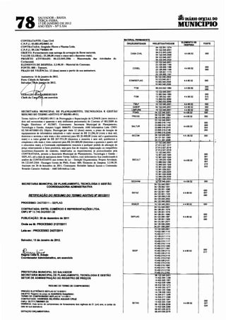 a
78
                  SALVADOR- BAHIA                                                                                                                         DIÁRIO OF_lCIAL DO
                  TERCA-FEIRA,
                  17 Dll JANEIRO DE 2012
                  ANO XXIV- Nº 5.534                                                                                                                MUNICIPIO

CONTRATANTE: Casa Civil                                                                               MATERIAL PERMANENTE
                                                                                                                                                    ELEMENTO DE
C.N.P.J.: 03.083.492/0001-14                                                                            ÓRGÃOIENnDADE       PROJETO/AnVIDADE                           FONTE
                                                                                                                                                      DESPESA
CONTRATADA: Jorginbo Flores e Plantas Lida.                                                                                  04.122.001.1274
C.N.P.J.: 09.128.77010001-99                                                                                                 04.122.045.2001
OBJETO: Fornecimento com entrega de arranjos de flores naturais.                                                             04.212.003.2282
                                                                                                          CASA CIVIL                                     4.4.90.52      000
VALOR GLOBAL: 25.200,00 (vinte e cloro mil e duzentos reais).                                                                04.122.045.2506
                                                                                                                             04.122.045.2507
PROJETO ATIVIDADE: 04.122.045.2506 - Manutenção das Atividades do                                                            04.122.045.2532
Cerimonial.                                                                                                                  23.122.045.2001
ELEMENTO DE DESPESA: 3.3.90.30- Material de Consumo.                                                                         23.126.005.1165
FONTE: 000- Tesouro.                                                                                                         23.126.005.1166                            000
                                                                                                            COGEL                                        4.4.90.52
                                                                                                                             23.126.005.1168                            050
PRAZO DE VIG!NCIA: 12 (doze) meses a partir de sua assinatura.
                                                                                                                             23.126.001.1173
                                                                                                                             23.126.005.1191
Assinatura: 16 de janeiro de 2012.                                                                                           04.122.045.2504
Foro: Cidade do Salvador                                                                                 EGMISEPLAG
                                                                                                                             10.122.045.2511
                                                                                                                                                         4.4.90.52     000
             de jan ·rode 2012.                                                                                              10.302.045.2535
                                                                                                                             10.302.045.2536
                                                                                                                                                                        000
                                                                                                             FCM              08.243.042.1064            4.4.90.52
                                                                                                                                                                        050
                                                                                                                               13.122.045.2001
                                                                                                                               13.392.044.1060                          000
                                                                                                             FGM               13.126.032.1061           4.4.90.52      010
                                                                                                                               13.392.032.2055                          051
                                                                                                                               13.392.032.2058
                                                                                                             FMLF              15.122.0452001           4.4.90.52       050
                                                                                                            GABVP              04.122.045.2001           4.4.90.52     000
                                                                                                           LlMPURB             15.122.045.2001           4.4.90.52     052
SECRETARIA MUNICIPAL DE PLANEJAMENTO, TECNOLOGIA E GESTÃO'                                                  PGMS              04.122.045.2001           4.4.90.52      000
RESUMO DO TERMO ADITIVO N" 002/001-09/11.                                                                                     09.122.001.1094
                                                                                                           PREVIS                                       4.4.90.52      050
Termo Aditivo n" 0021001-09/11 de Prorrogação e Repactuação de 9,2946% (nove inteiros e                                       09.122.045.2001
                                                                                                                              23.122.045.2001
dois mil novecentos e quarenta e seis milésimos percentuais) do Contrato n" 00112009 do                                       23.695.016.1143                          000
Pregão Eletrônico n" 81/2007; Contratante: Secretaria Municipal de Planejamento,                                              23.695.016.1145                          009
Tecnologia e Gestão. Amparo Legal: 8666/93. Contratada: AMI Informática Ltda. CNPJ:                        SALTUR                                       4.4.90.52
                                                                                                                              23.695.0162075                           024
02.769.407/0001-03; Objeto: Prorrogar por mais 12 (doze) meses, o prazo de locação de                                         23.695.016.2146                          050
equipamentos de informática reduzindo o valor mensal de R$ 22.296,10 (vinte e dois mil,                                       23.695.016.2249
duzentos e noventa e seis reais e dez centavos) para R$ 20.400,00 (vinte mil e quatrocentos                SECOM              04.122.045.2001           4.4 .. 90.52   000
                                                                                                                              24.131.001.1005
reais) e o valor global de R$ 267.553,20 (duzentos e sessenta e sete mil, quinhentos e                                        24.131.001.2005
cinqüenta e três reais e vinte centavos) para R$ 244.800,00 (duzentos e quarenta e quatro mil                                  27.122.045.2001
e oitocentos reais), a Contratada expressamente renuncia a qualquer pedido de alteração do                                     27.812.027.1017
preço relativamente a fatos pretéritos, seja para fins de reajuste, repactuação ou reequilíbrio                                27.812.027.2018
econômico-financeiro do contrato, ressalvados os requerimentos já protocolizados pela                                          27.812.027.2019
                                                                                                                               12.122.045.2001
CONTRATADA, perante a Secretaria Municipal do Planejamento, Tecnologia e Gestão -                                              12.367.025.1020                         000
SEPLAG, até a data de assinatura deste Termo Aditivo, cujo deferimento fica condicionado à                                     12.367.025.1024                         001
análise da CONTRATANTE nos termos da Lei- Dotação Orçamentária: Projeto Atividade:                          SECULT             12.126.025.1028                         004
                                                                                                                                                        4.4.90.52
                                                                                                                               12.366.044.1260                         007
04.122.045.2504 -Encargos Gerais da PMS; Fonte: 000; Elemento de Despesa: 3.3.90.39.
                                                                                                                               12.365.025.1328                         019
Assinam em 30 de dezembro de 2011. Contratante: Reinaldo Saback Santos e Contratada:                                           12.361.029.1350                         022
Ronaldo Carneiro Andrade- AMI Informática Ltda.                                                                                12.361.029.2021
                                                                                                                               12.361.029.2025
                                                                                                                               12.361.0292026
                                                                                                                               12.366.029.2030
                                                                                                                            .. 12.361 ,029.2033_.
                                                                                                           SEDHAM              16122.045.2001           4.4.90.52      000
SECRETARIA MUNICIPAL DE PLANEJAMENTO, TECNOLOGIA E GESTÃO                                                                    04.122.045.2001
                COORDENADORIA ADMINISTRATIVA                                                                                 04.129.002.1001
                                                                                                                             04.126.001.1096
                                                                                                                                                                       000
                                                                                                  I        SEFAZ
                                                                                                                             04.122.001.1097            4.4.90.52      007
                                                                                                                             04.122.001.1103
        RETIFICAcAO DO RESUMO DO TERMO ADinVO N" 00112011                                                                    04.126.006.2105
                                                                                                                                                                       090
              