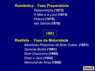 Romântica  -  Fase Preparatória Ressurreição  (1872) A Mão e a Luva  (1874) Helena  (1876) Iaia Garcia  (1878) Realista  -  Fase da Maturidade Memórias Póstumas de Brás Cubas  (1881) Quincas Borba  (1891) Dom Casmurrro  (1899) Esaú e Jacó  (1904) Memorial de Aires  (1908) 1881 