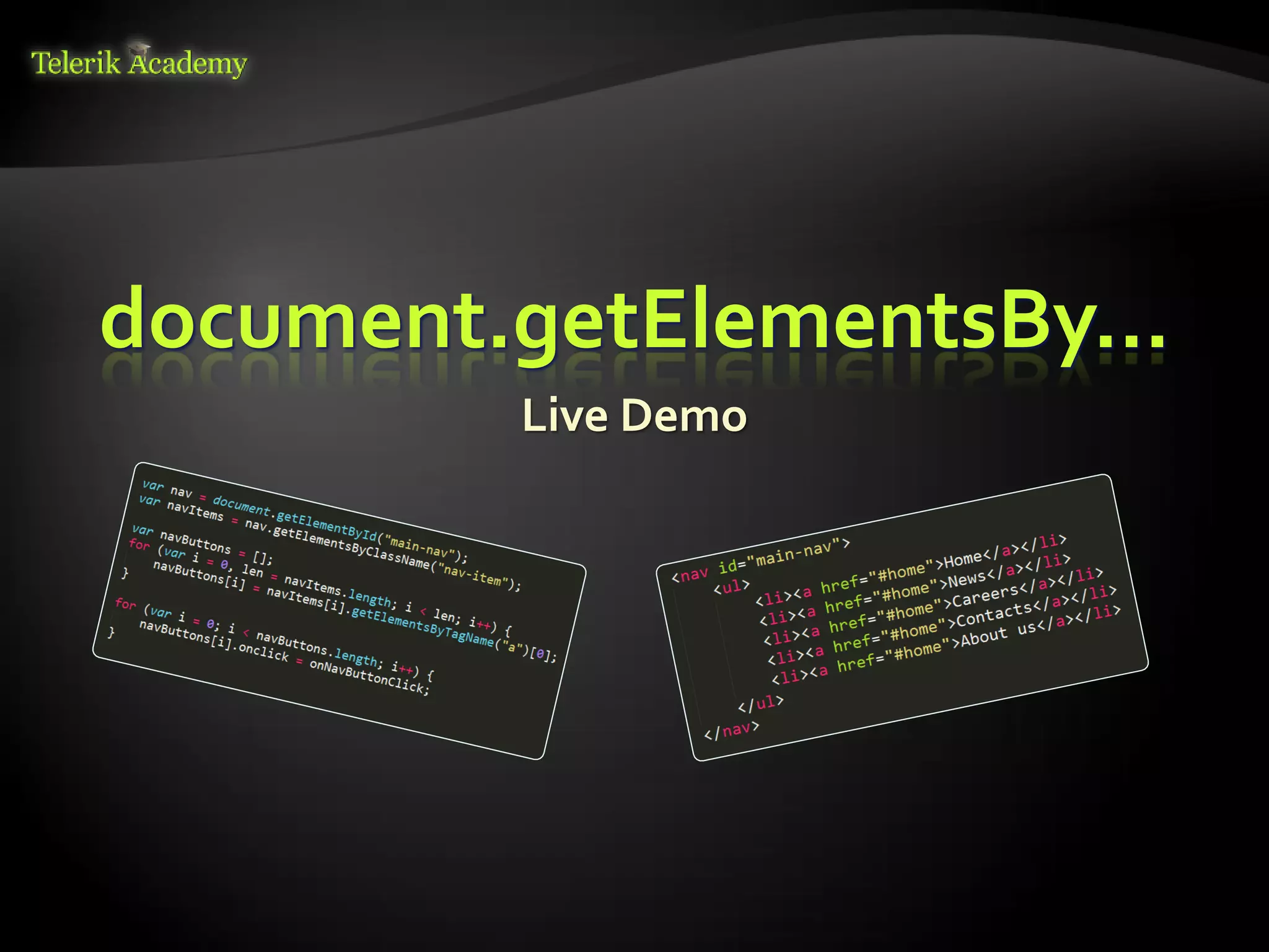курсове и уроци по програмиране, уеб дизайн – безплатно     BG Coder - онлайн състезателна система - online judge
          курсове и уроци по програмиране – Телерик академия    форум програмиране, форум уеб дизайн
               уроци по програмиране и уеб дизайн за ученици    ASP.NET курс - уеб програмиране, бази данни, C#, .NET, ASP.NET
           програмиране за деца – безплатни курсове и уроци     ASP.NET MVC курс – HTML, SQL, C#, .NET, ASP.NET MVC
                безплатен SEO курс - оптимизация за търсачки     алго академия – състезателно програмиране, състезания
курсове и уроци по програмиране, книги – безплатно от Наков     курс мобилни приложения с iPhone, Android, WP7, PhoneGap
       уроци по уеб дизайн, HTML, CSS, JavaScript, Photoshop    Дончо Минков - сайт за програмиране
       free C# book, безплатна книга C#, книга Java, книга C#   Николай Костов - блог за програмиране
                    безплатен курс "Качествен програмен код"
       безплатен курс "Разработка на софтуер в cloud среда"     C# курс, програмиране, безплатно




                                           document.getElementsBy…
                                                                                                                                 Live Demo
 