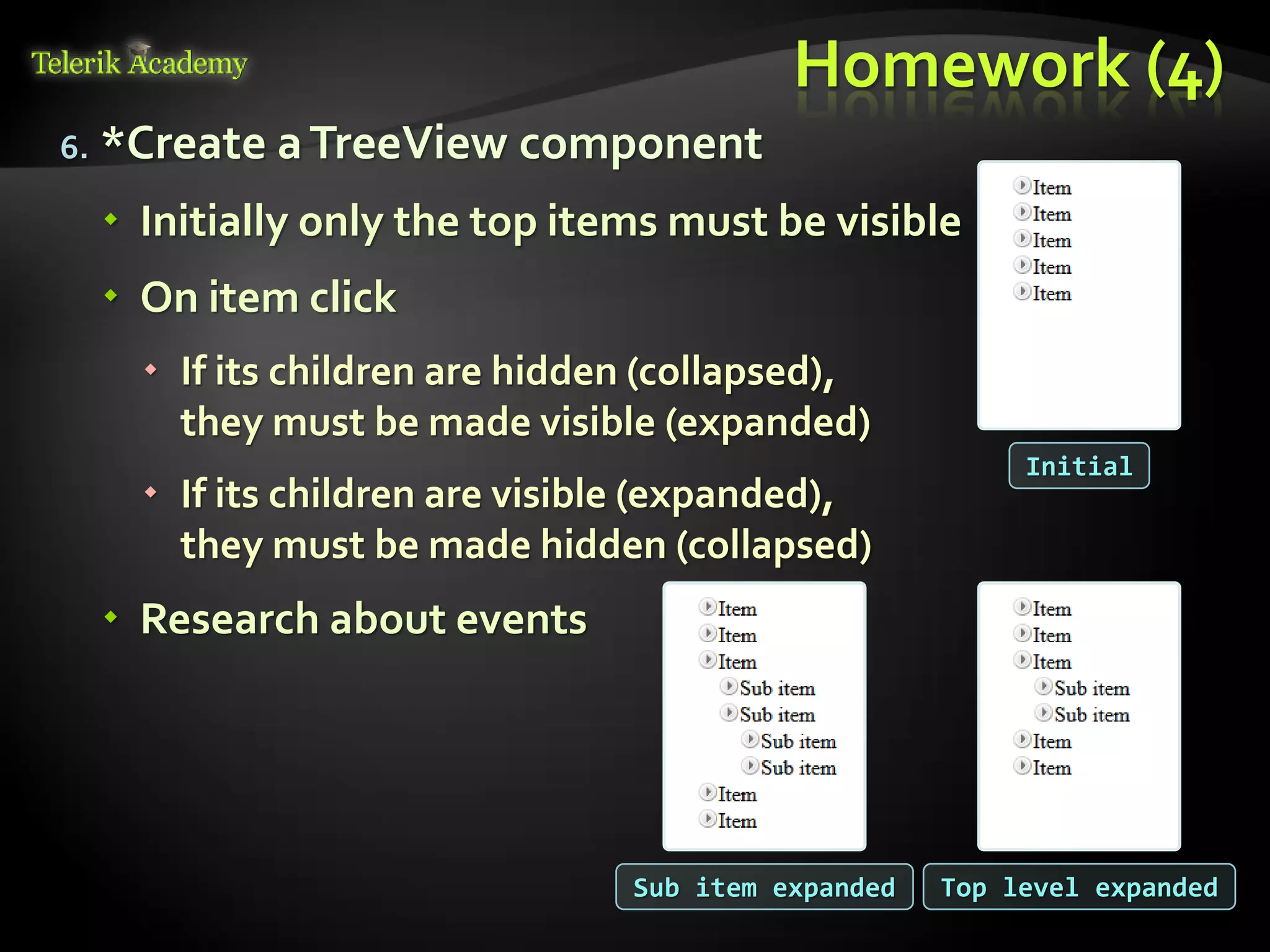 курсове и уроци по програмиране, уеб дизайн – безплатно
          курсове и уроци по програмиране – Телерик академия
               уроци по програмиране и уеб дизайн за ученици
           програмиране за деца – безплатни курсове и уроци
                безплатен SEO курс - оптимизация за търсачки
курсове и уроци по програмиране, книги – безплатно от Наков
       уроци по уеб дизайн, HTML, CSS, JavaScript, Photoshop
       free C# book, безплатна книга C#, книга Java, книга C#
                    безплатен курс "Качествен програмен код"
       безплатен курс "Разработка на софтуер в cloud среда"
                                                                BG Coder - онлайн състезателна система - online judge
                                                                форум програмиране, форум уеб дизайн
                                                                ASP.NET курс - уеб програмиране, бази данни, C#, .NET, ASP.NET
                                                                ASP.NET MVC курс – HTML, SQL, C#, .NET, ASP.NET MVC
                                                                 алго академия – състезателно програмиране, състезания
                                                                курс мобилни приложения с iPhone, Android, WP7, PhoneGap
                                                                Дончо Минков - сайт за програмиране
                                                                Николай Костов - блог за програмиране
                                                                C# курс, програмиране, безплатно
                                                                                                                                           Homework (4)
                    6.                      *Create a TreeView component
                                             Initially only the top items must be visible
                                             On item click
                                                                 If its children are hidden (collapsed),
                                                                  they must be made visible (expanded)
                                                                                                                                                          Initial
                                                                 If its children are visible (expanded),
                                                                  they must be made hidden (collapsed)
                                             Research about events




                                                                                                                                 Sub item expanded   Top level expanded
 