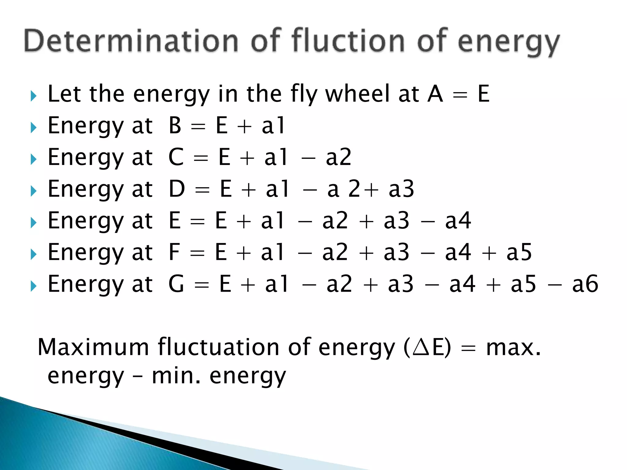  Let the energy in the fly wheel at A = E
 Energy at B = E + a1
 Energy at C = E + a1 − a2
 Energy at D = E + a1 − a 2+ a3
 Energy at E = E + a1 − a2 + a3 − a4
 Energy at F = E + a1 − a2 + a3 − a4 + a5
 Energy at G = E + a1 − a2 + a3 − a4 + a5 − a6
Maximum fluctuation of energy (∆E) = max.
energy – min. energy
 