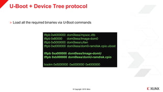 © Copyright 2019 Xilinx
U-Boot + Device Tree protocol
˃ Load all the required binaries via U-Boot commands
tftpb 0x4000000 dom0less/mpsoc.dtb
tftpb 0x80000 dom0less/Image-dom0
tftpb 0x5000000 dom0less/uXen
tftpb 0xd000000 dom0less/dom0-ramdisk.cpio.uboot
tftpb 0xa000000 dom0less/Image-domU
tftpb 0xb000000 dom0less/domU-ramdisk.cpio
bootm 0x5000000 0xd000000 0x4000000
 