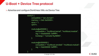 © Copyright 2019 Xilinx
U-Boot + Device Tree protocol
˃ Advertise and configure Dom0-less VMs via Device Tree
domU1 {
compatible = "xen,domain";
memory = <0x0 0x20000>;
cpus = 1;
vpl011;
module@a000000 {
compatible = "multiboot,kernel", "multiboot,module";
reg = <0xa000000 0xffffff>;
bootargs = "console=ttyAMA0";
};
module@b0000000 {
compatible = "multiboot,ramdisk","multiboot,module";
reg = <0xb000000 0xffffff>;
};
};
 