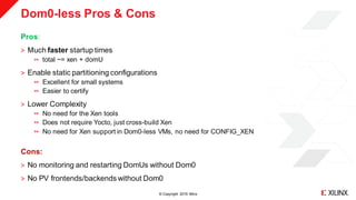 © Copyright 2019 Xilinx
Dom0-less Pros & Cons
Pros:
˃ Much faster startup times
total ~= xen + domU
˃ Enable static partitioning configurations
Excellent for small systems
Easier to certify
˃ Lower Complexity
No need for the Xen tools
Does not require Yocto, just cross-build Xen
No need for Xen support in Dom0-less VMs, no need for CONFIG_XEN
Cons:
˃ No monitoring and restarting DomUs without Dom0
˃ No PV frontends/backends without Dom0
 