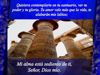 Quisiera contemplarte en tu santuario, ver tu poder y tu gloria. Tu amor vale más que la vida, te alabarán mis labios;Mi alma está sedienta de ti,Señor, Dios mío.